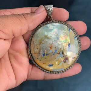 Antique Persian Mother of Pearl Painted Pendant Disc Silver Mounted Vintage